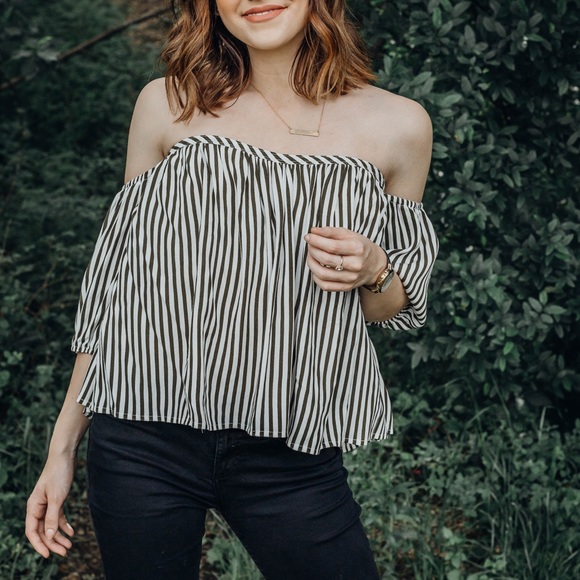 Striped Off The Shoulder Top - Olive - Picture 1 of 8